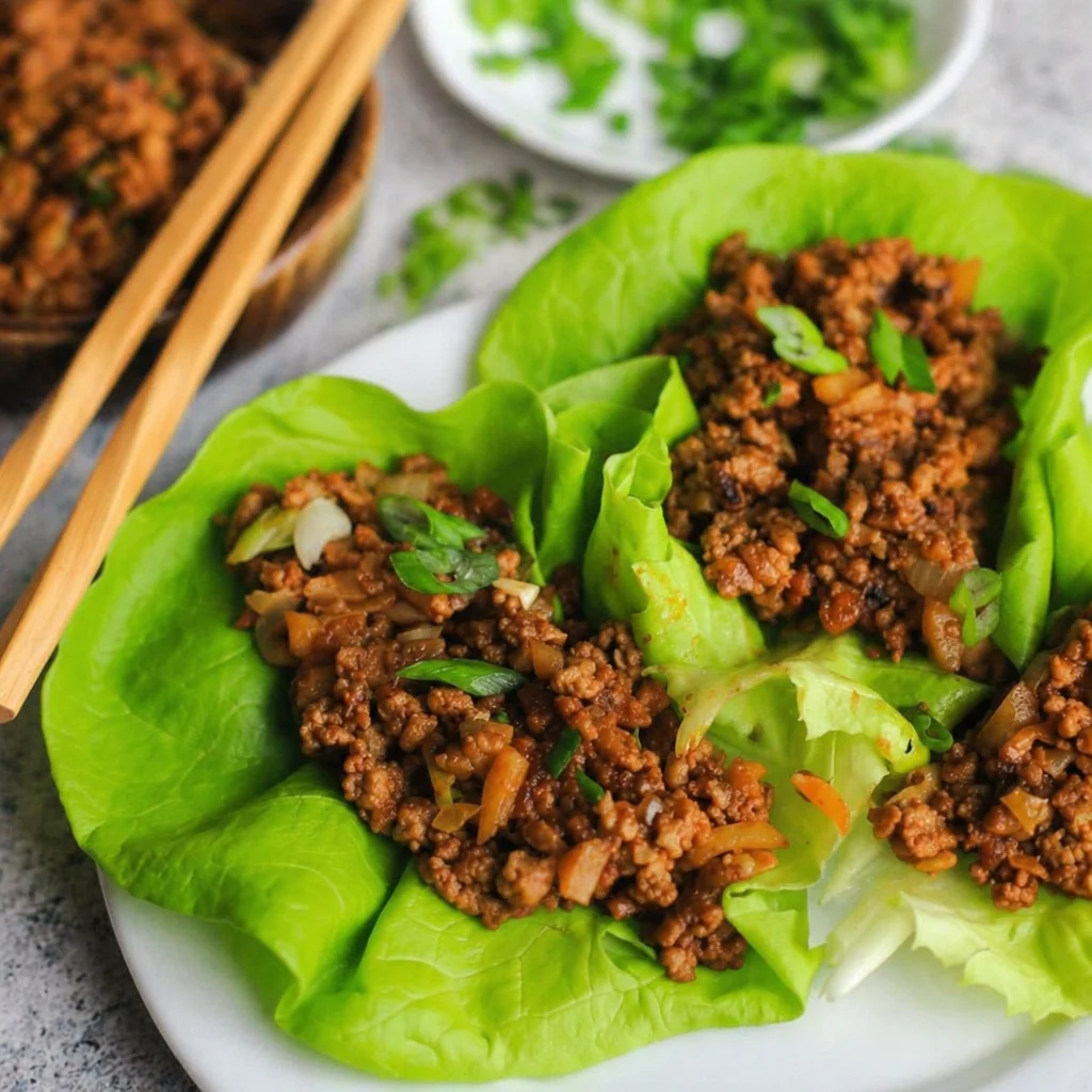 Delicious Low Carb PF Changs Lettuce Wraps filled with chicken and spices.