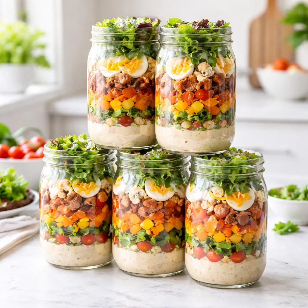 Low-Carb Lunch Ideas: The Complete Proven Guide (2026) 3 Mason jar low-carb Cobb salad layered with chicken, bacon, egg and avocado