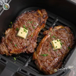 Deliciously cooked air fryer steak plated with herbs and spices