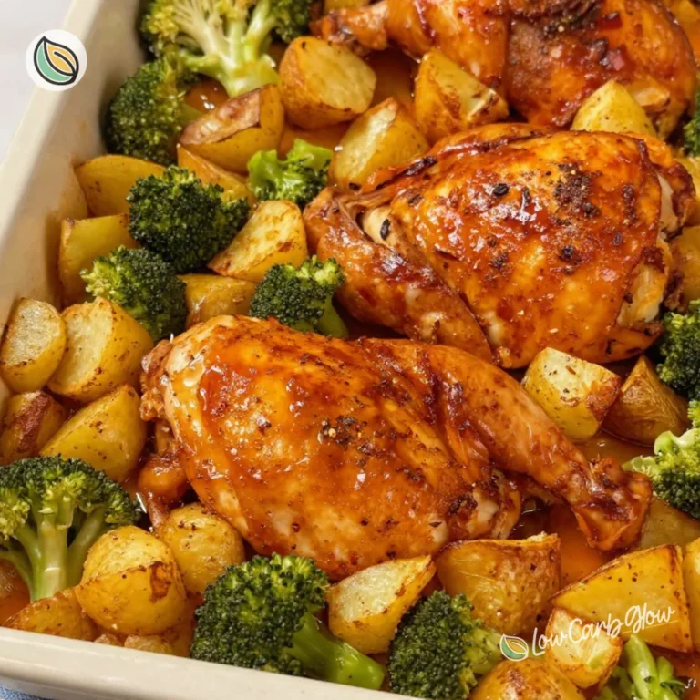 Sheet Pan Honey Mustard Chicken with Potatoes and Broccoli ready to serve