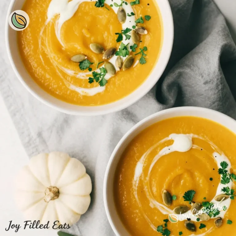 Simple Keto-Friendly Pumpkin Soup 61 Keto-friendly pumpkin soup served in a bowl with fresh herbs on top