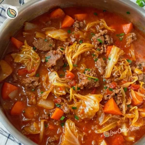 Bowl of spicy cabbage roll soup garnished with fresh herbs