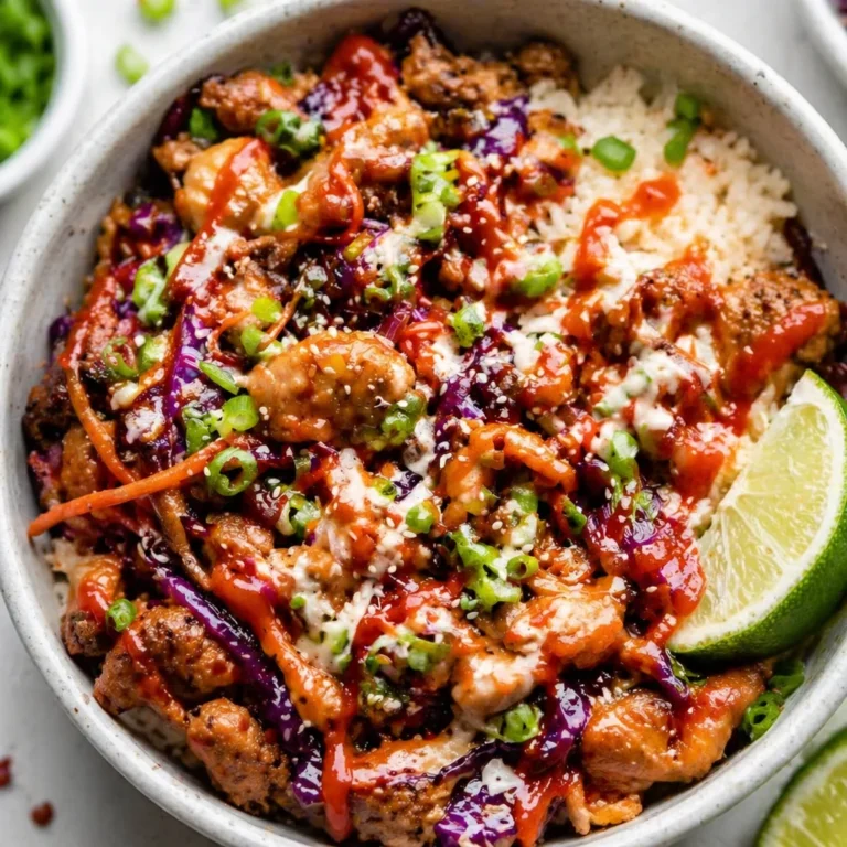 Delicious spicy egg roll in a bowl topped with creamy spicy mayo sauce.