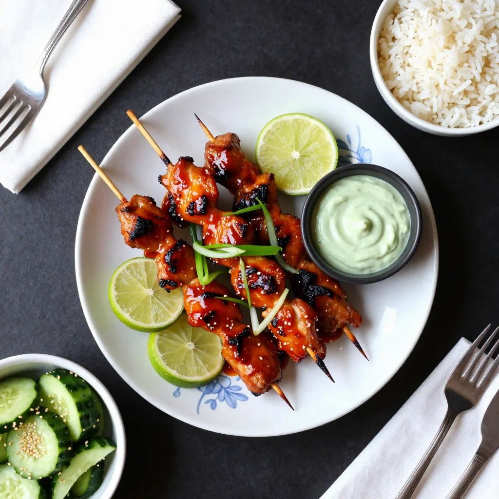 Spicy Garlic-Chili Chicken Skewers with Creamy Avocado-Cilantro Sauce