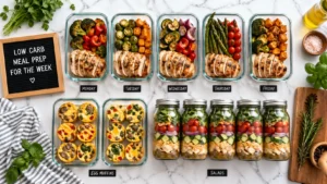 Low-carb meal prep for the week — chicken bowls, egg muffins, mason jar lunches and freezer meals
