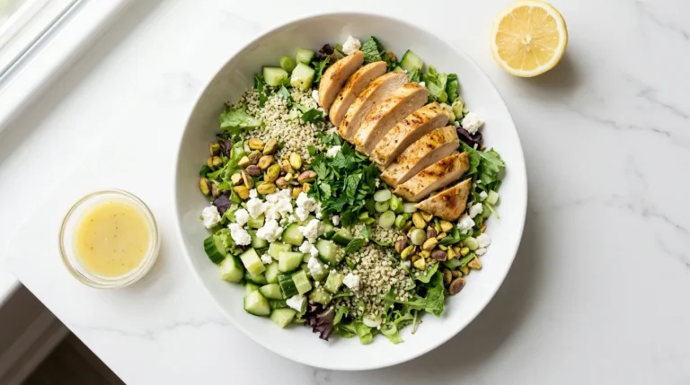 The Jennifer Aniston Salad Made Low-Carb: 30g Protein, 6g Net Carbs 10 Low-carb Jennifer Aniston salad with hemp hearts, feta, cucumber, pistachios, and fresh herbs in a white bowl