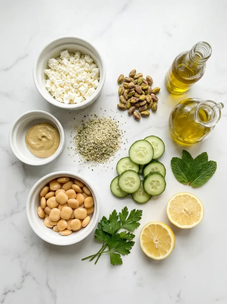 Ingredients for low-carb Jennifer Aniston salad: hemp hearts, feta cheese, cucumber, pistachios, fresh herbs, lemon, olive oil, and lupini beans arranged on white marble