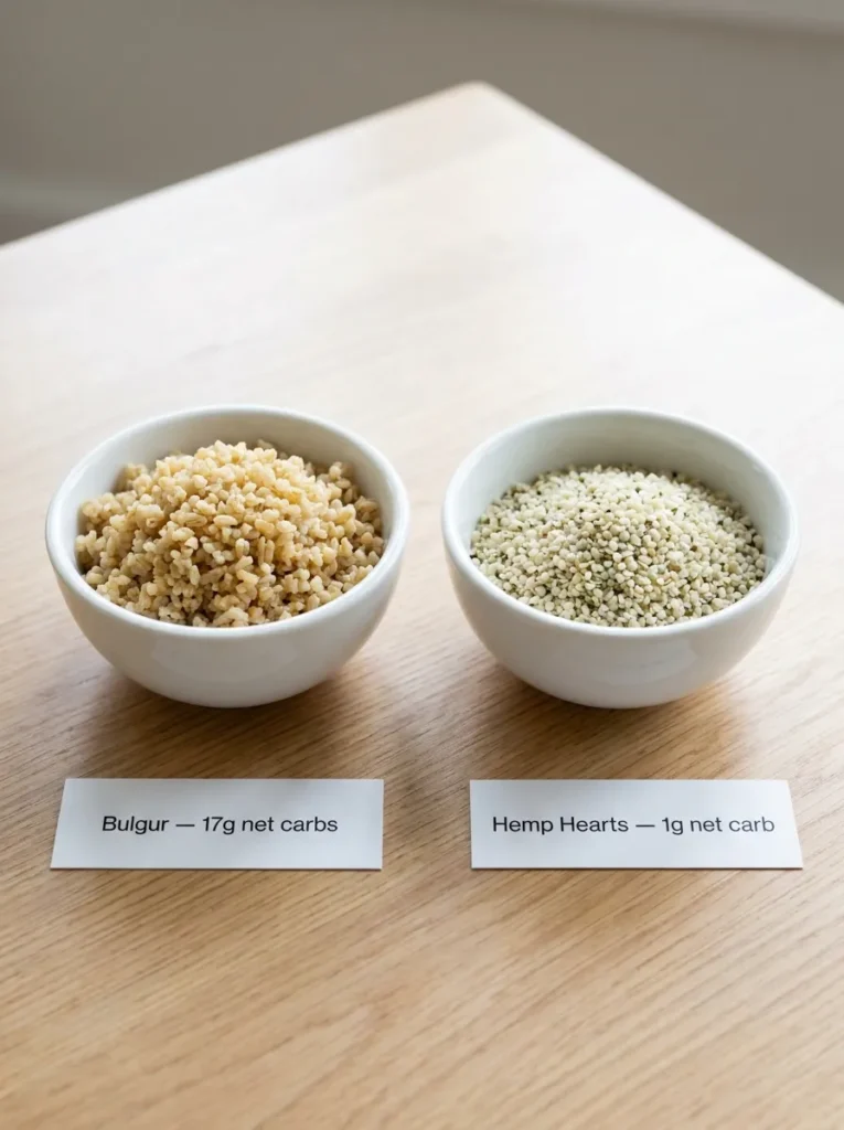 Side-by-side comparison of bulgur wheat versus hemp hearts as a low-carb grain substitute in salad