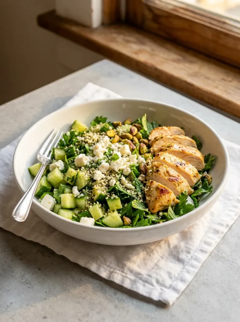 Low-carb Jennifer Aniston salad with grilled chicken, hemp hearts, feta, fresh herbs and pistachios in a white bowl on a linen napkin