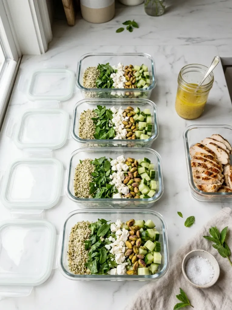 Four glass meal prep containers filled with low-carb Jennifer Aniston salad portions alongside a small jar of lemon vinaigrette and a container of sliced grilled chicken