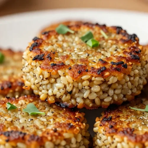 Crispy Crunchy Quinoa Veggie Patties 5 Crispy quinoa veggie patties on a plate with fresh herbs