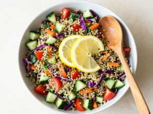 Bowl of Crunchy Thai Quinoa Salad with colorful veggies and dressing