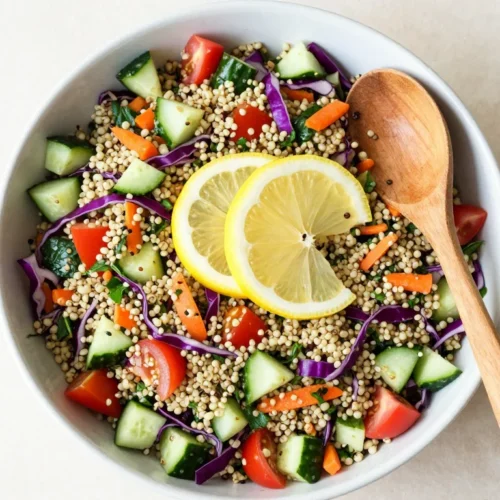 Bowl of Crunchy Thai Quinoa Salad with colorful veggies and dressing