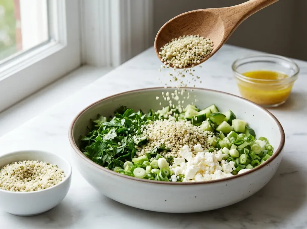 5 Best Low-Carb Quinoa Substitutes That Actually Work 3 Hemp hearts being spooned into a low-carb salad bowl with parsley, cucumber, and feta as a quinoa substitute