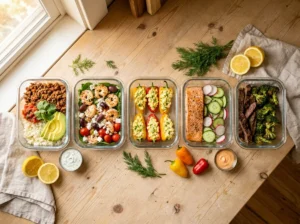 7 high-protein low-carb lunch meal prep containers with taco bowls, Greek shrimp, and salmon power boxes on a kitchen counter