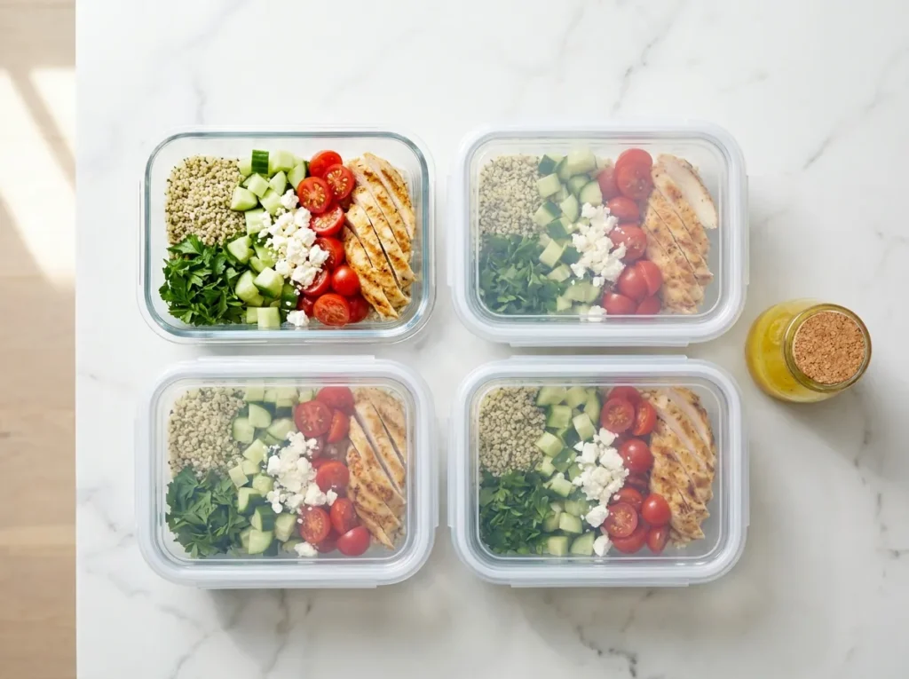 5 Best Low-Carb Quinoa Substitutes That Actually Work 5 Four glass meal prep containers filled with low-carb hemp hearts grain bowls with grilled chicken, cucumber, feta, and herbs alongside a small jar of lemon vinaigrette