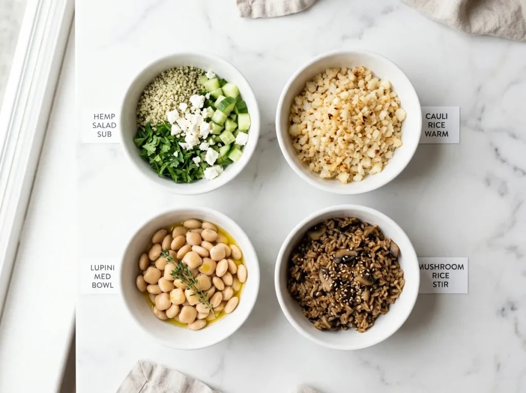 5 Best Low-Carb Quinoa Substitutes That Actually Work 4 Four low-carb quinoa substitutes matched to dish types: hemp hearts for cold salads, cauliflower rice for warm bowls, lupini beans for Mediterranean dishes, mushroom rice for stir-fries