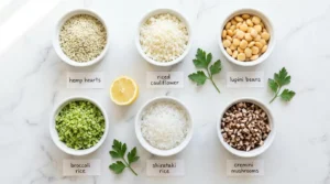 Six low-carb quinoa substitutes in white bowls on marble: hemp hearts, cauliflower rice, lupini beans, broccoli rice, shirataki rice, and mushroom rice