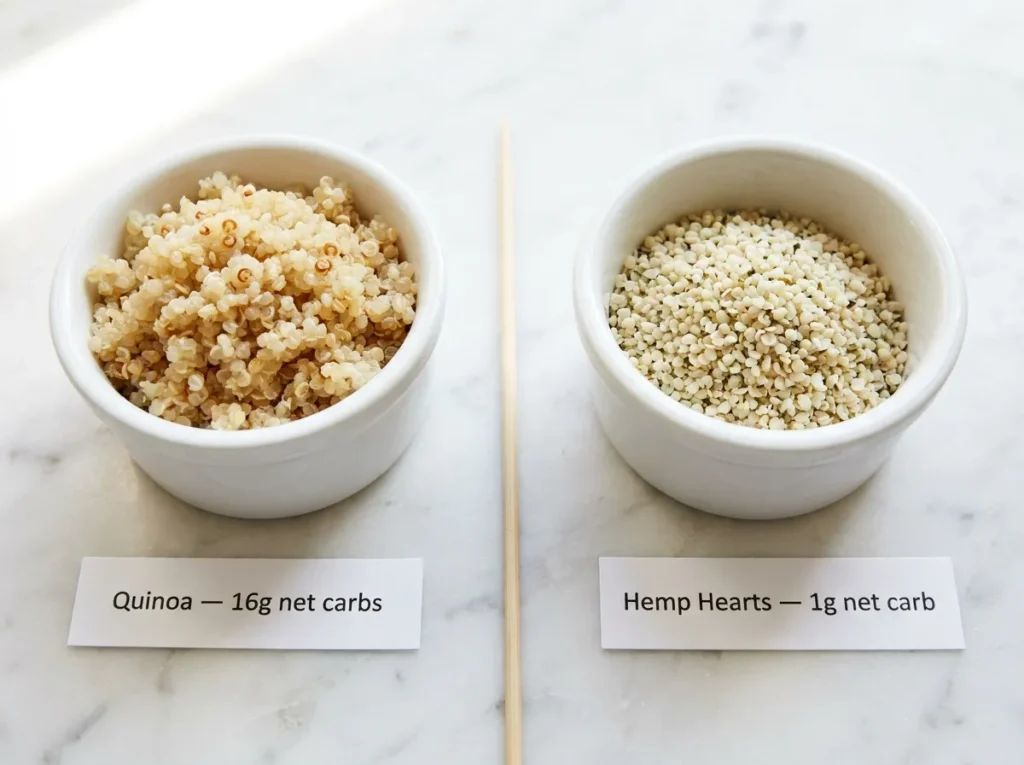 5 Best Low-Carb Quinoa Substitutes That Actually Work 2 Side-by-side comparison of cooked quinoa (16g net carbs) versus hemp hearts (1g net carb) in white ceramic bowls on white marble