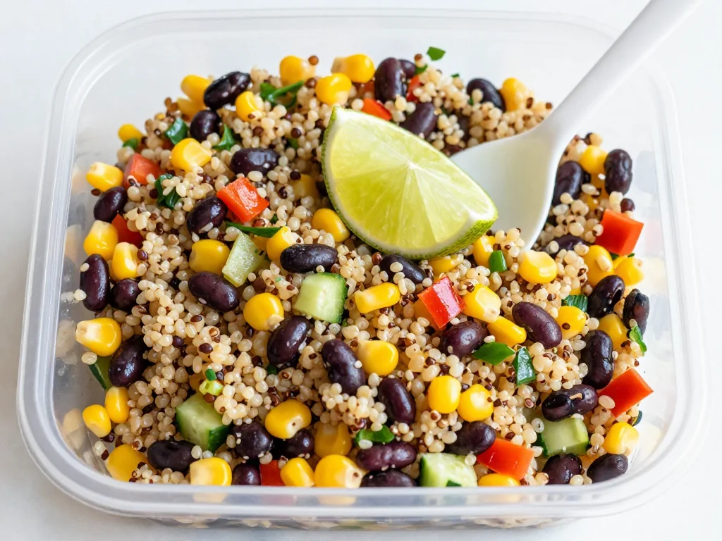 Colorful Southwest Quinoa Salad with fresh vegetables and dressing.