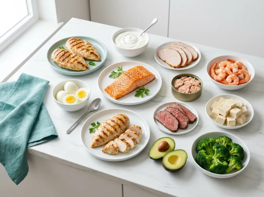 GLP-1 Protein Calculator: Find Your Daily Protein Target 3 High-protein low-carb foods flat lay with eggs, salmon, chicken, and Greek yogurt
