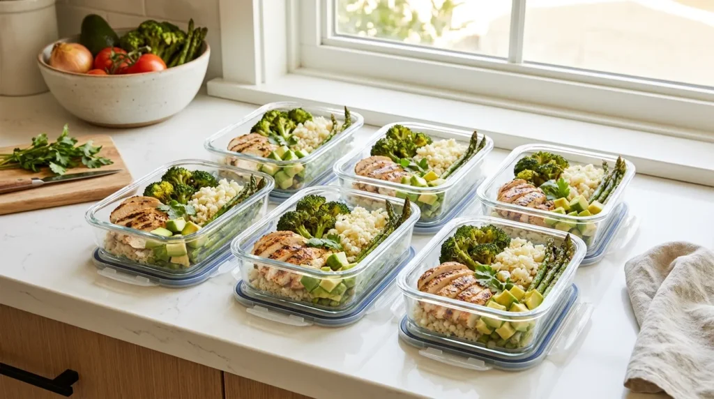 GLP-1 Protein Calculator: Find Your Daily Protein Target 4 Meal prep containers with chicken and vegetables for GLP-1 protein meal planning