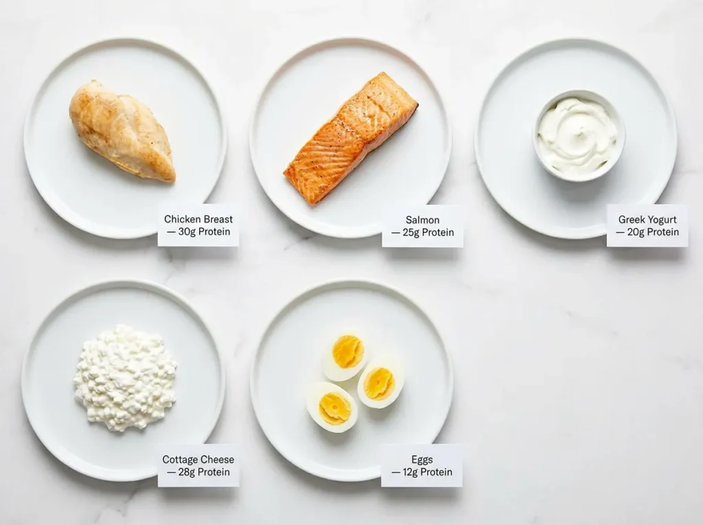 GLP-1 Protein Calculator: Find Your Daily Protein Target 5 Protein portion size guide showing grams of protein per meal for GLP-1 users