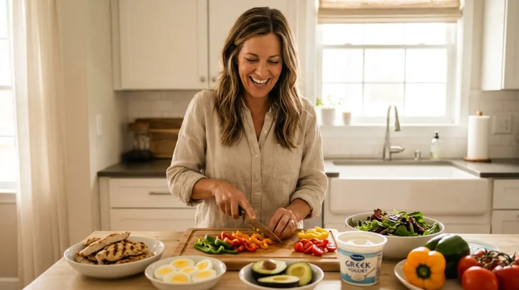GLP-1 Protein Calculator: Find Your Daily Protein Target 6 Adult preparing a high-protein low-carb meal while using a GLP-1 medication