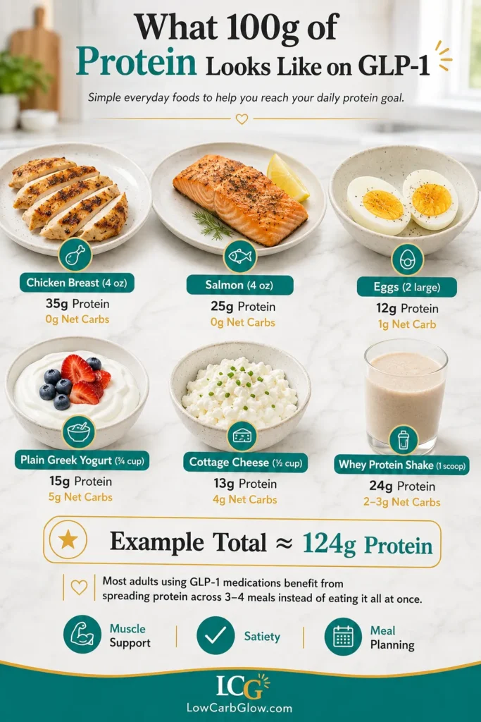 GLP-1 Protein Calculator: Find Your Daily Protein Target 1 Infographic showing what 100 grams of protein looks like in everyday high-protein foods